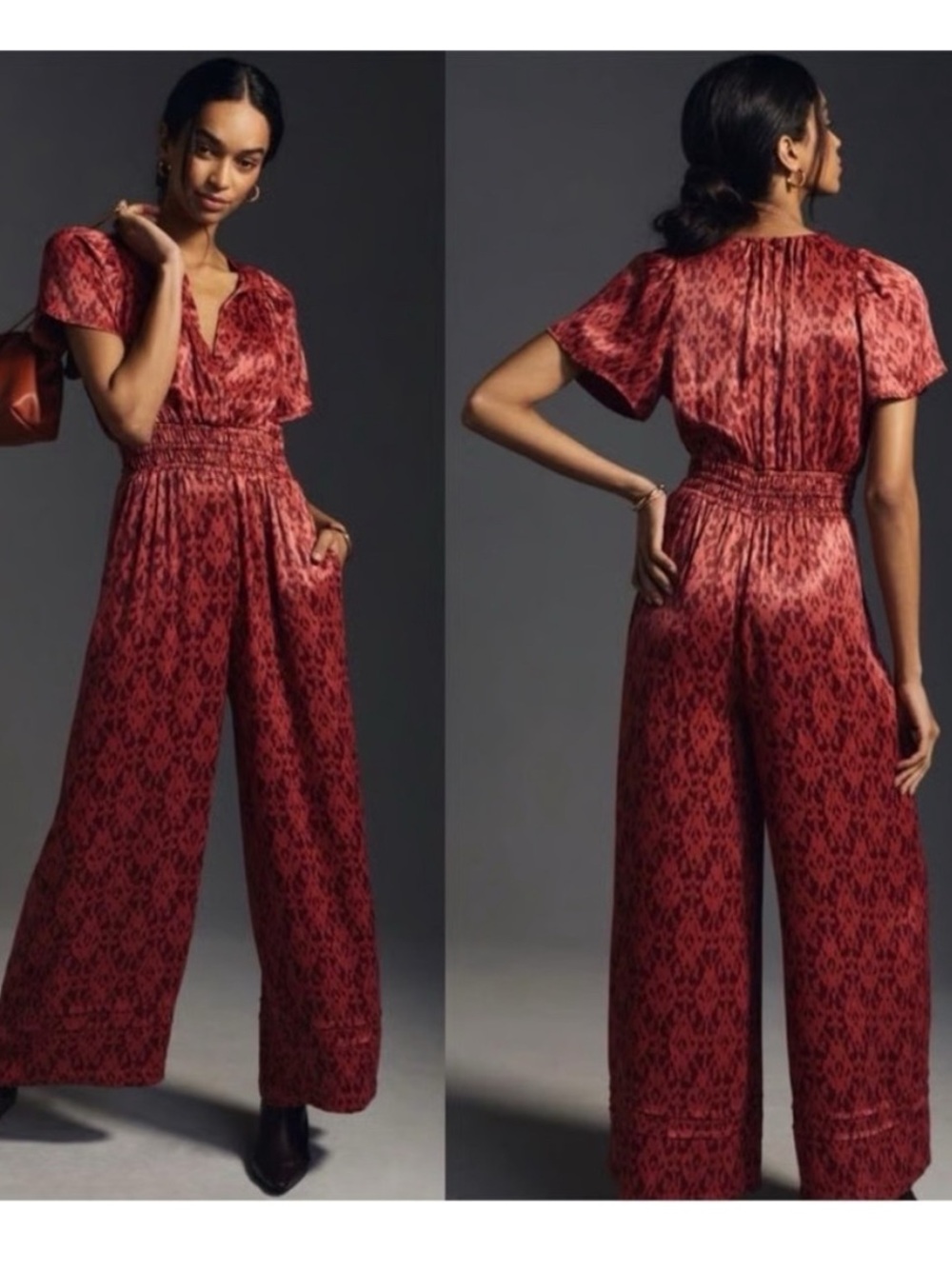 Anthropologie Somerset Dusky Red Patterned Wide-Leg Jumpsuit